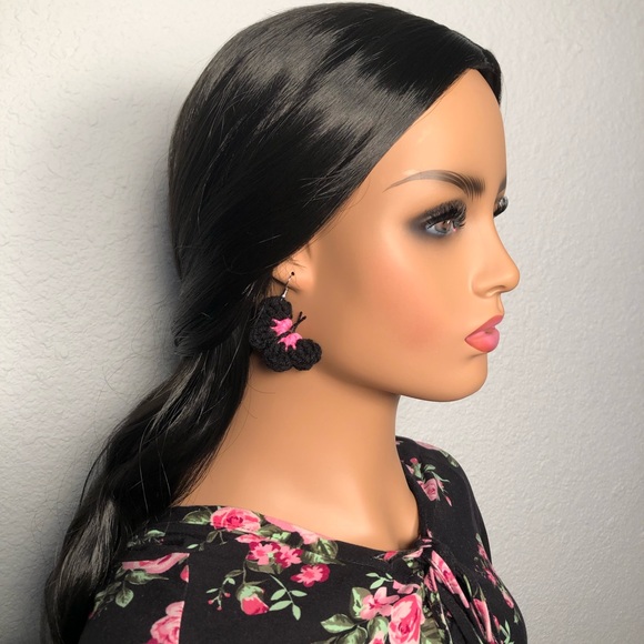 Handmade Crochet Hot Pink Butterfly Earrings - Picture 6 of 9